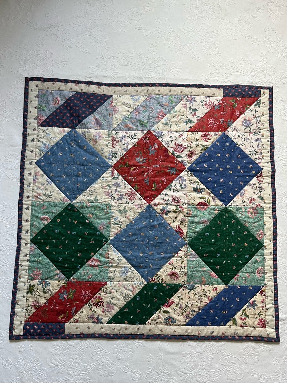 Vintage Patchwork Square Quilt Holiday Villagers Handmade Floral Wall Table Deco